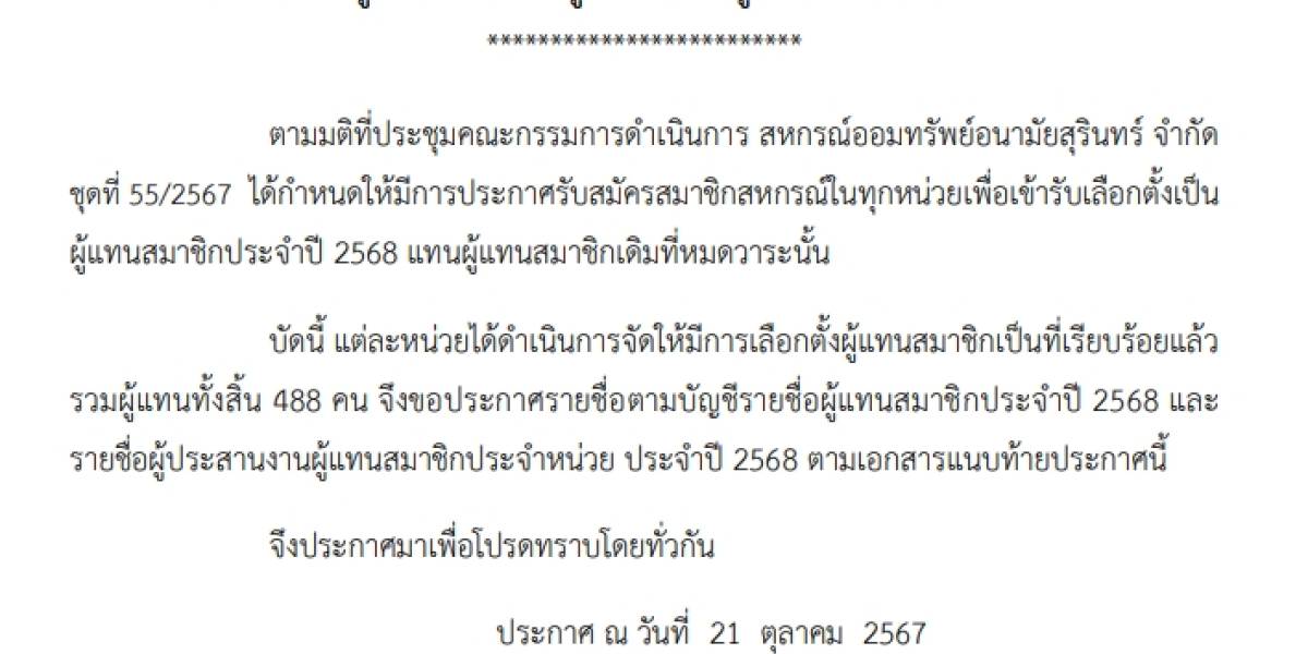 เรื่อง แต่งตั้งผู้แทนสมาชิกและผู้ประสานงานผู้แทนสมาชิก ประจำปี 2568